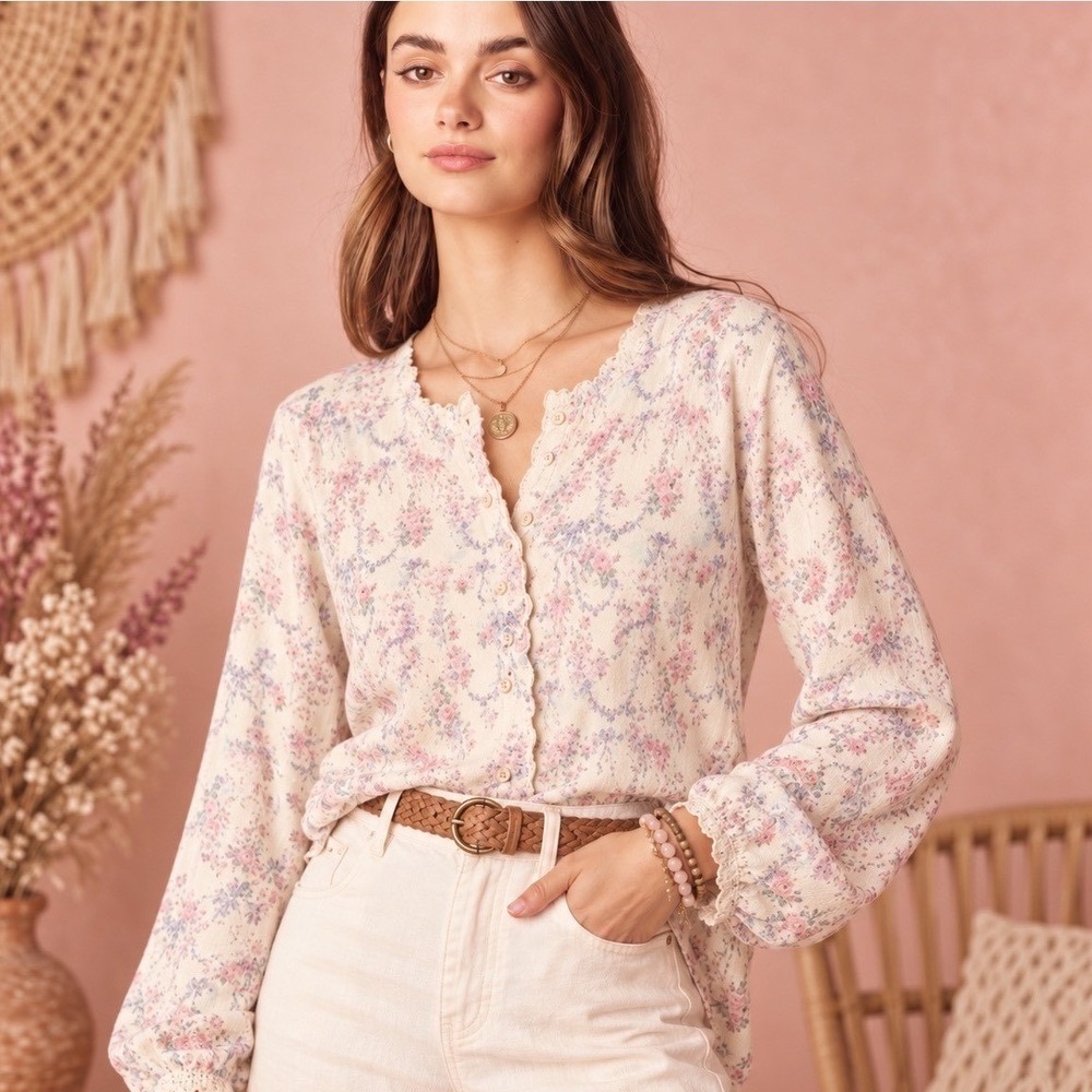 288.New Rareraw Vintage Pastel Floral Cardigan Top Cream Pink